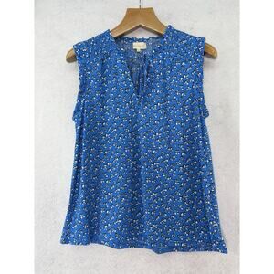Melloday Women’s Sz Large Blue Floral Sleeveless‎ Tie Neck Ruffle Trim Tank Top